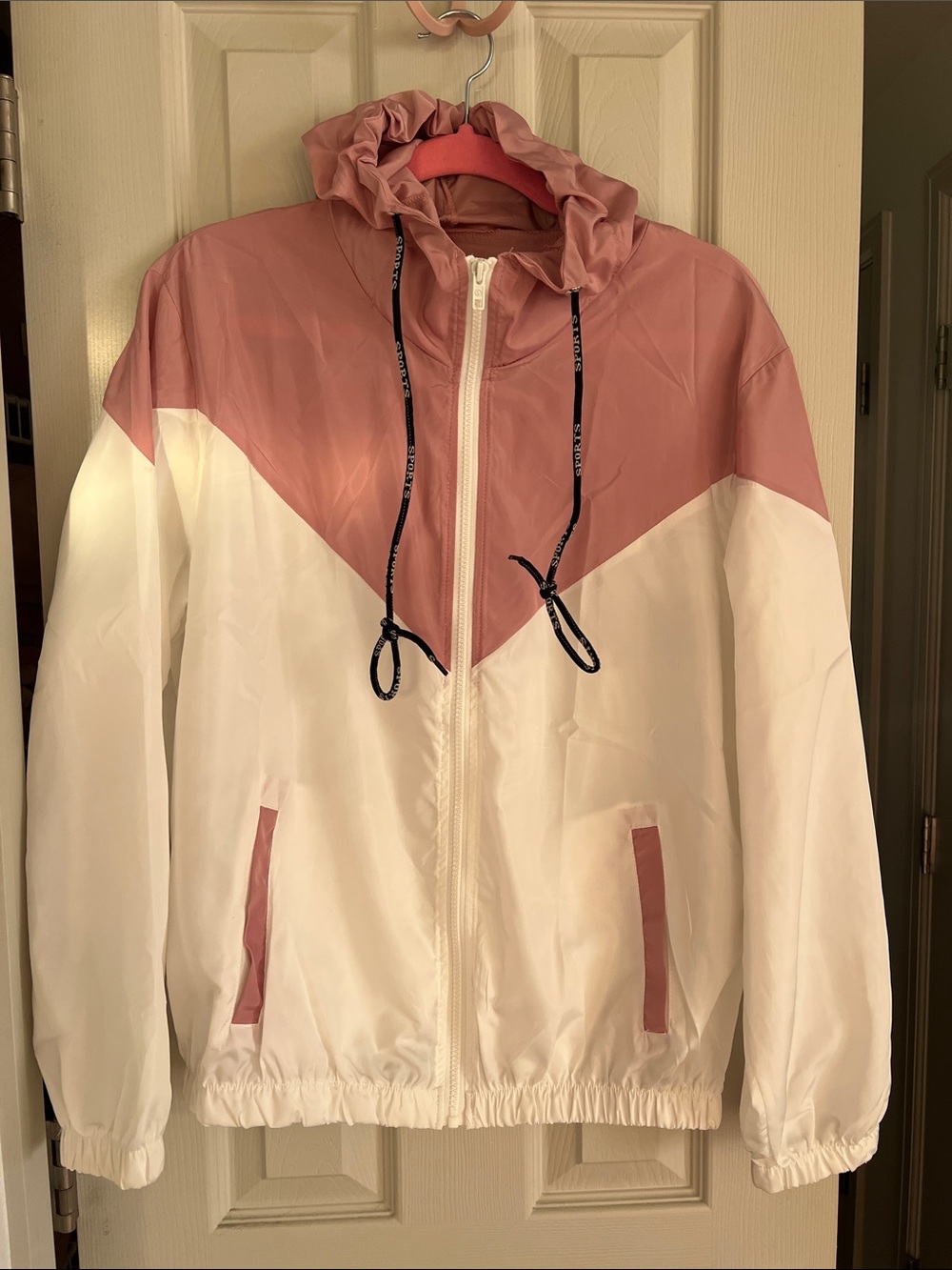 Pink & White Colorblock Windbreaker - Lightweight Hooded Jacket - EUC
